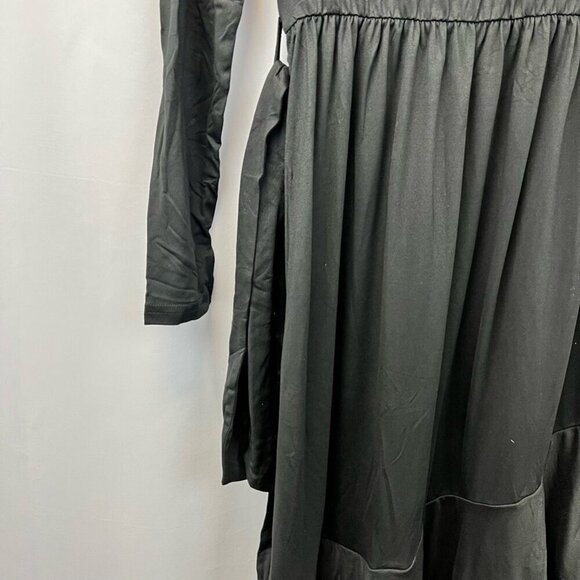 Levaca Womens Dress Black Midi Belted Long Sleeve Diagonal Ruffle Artsy S New - Picture 10 of 12